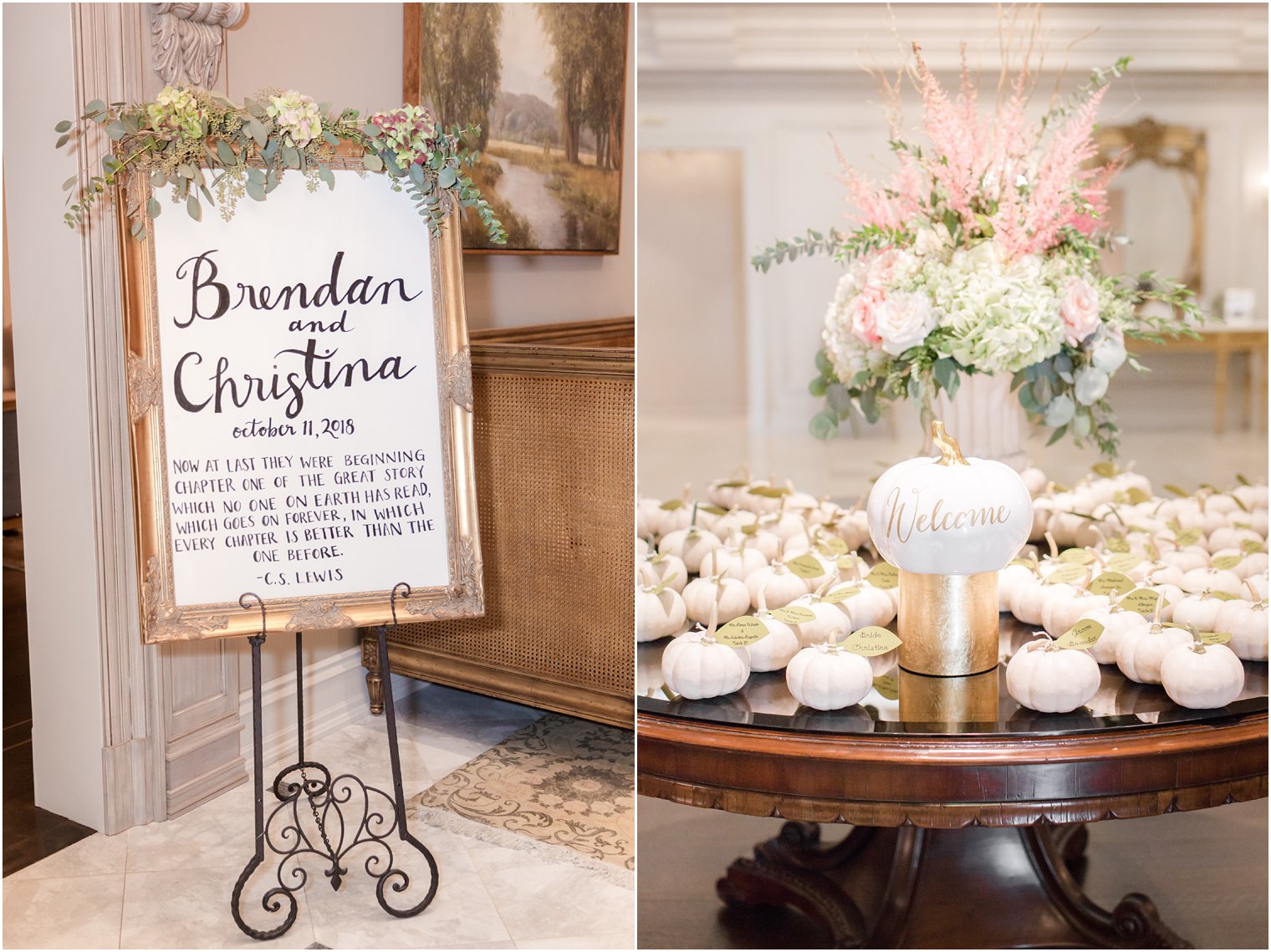 Pumpkin seating cards at elegant fall wedding