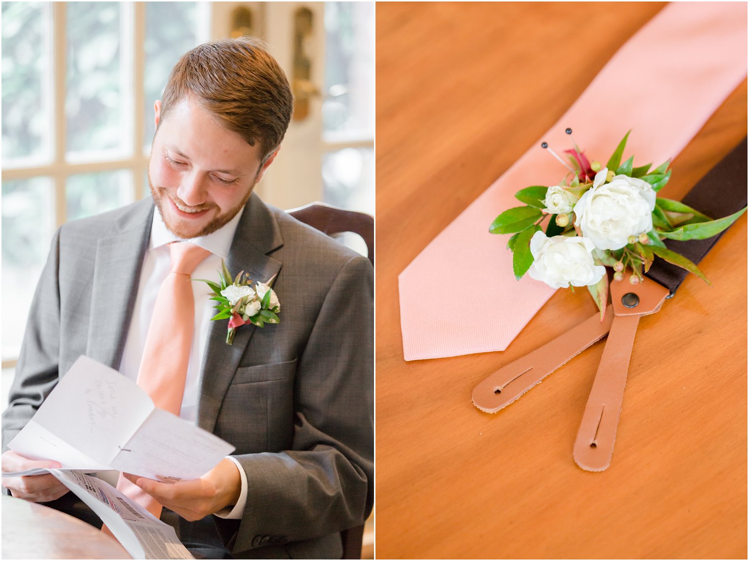 groom opens gift during Cross Estate Gardens Wedding day photographed by Idalia Photography