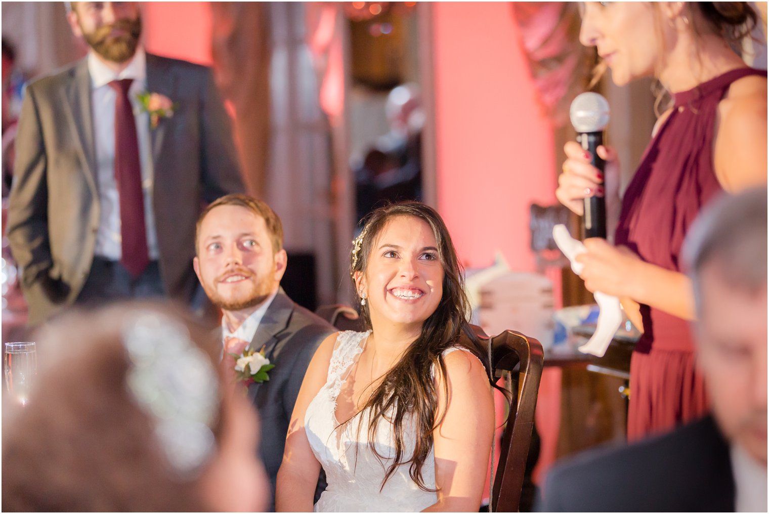 wedding toasts during reception at Olde Mill Inn photographed by Idalia Photography