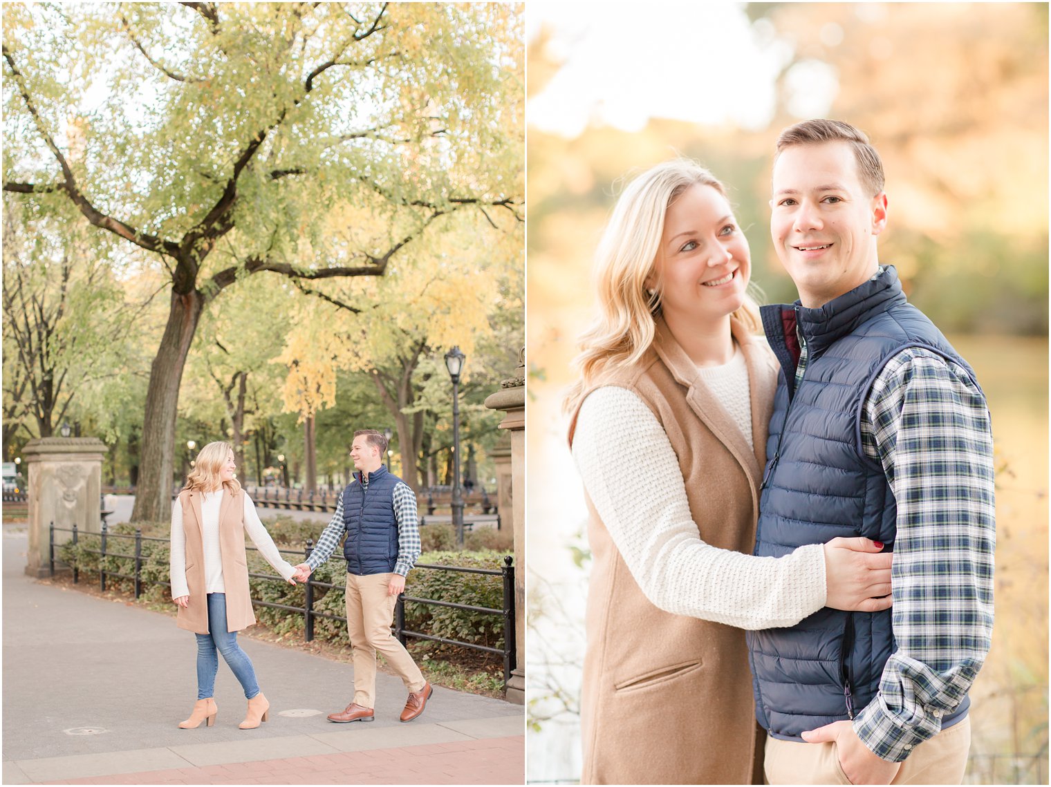 Engaged couple posing for photos in Central Park