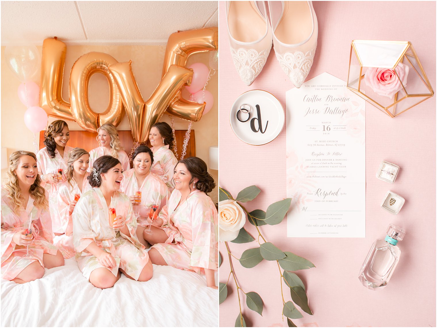 bridesmaids drinking mimosas in pink floral robes with gold balloons