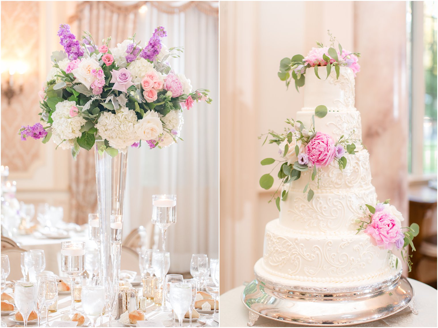 elegant center pieces and cake at Pleasantdale Chateau wedding