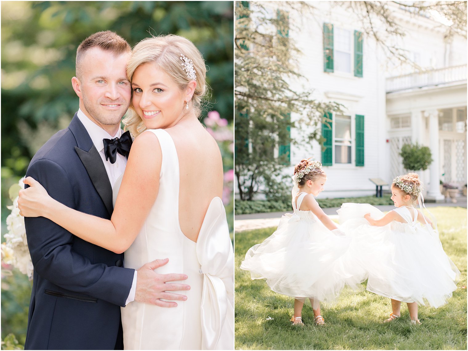 bride and groom photo with flower girls at Frelinghuysen Arboretum in Morristown, NJ