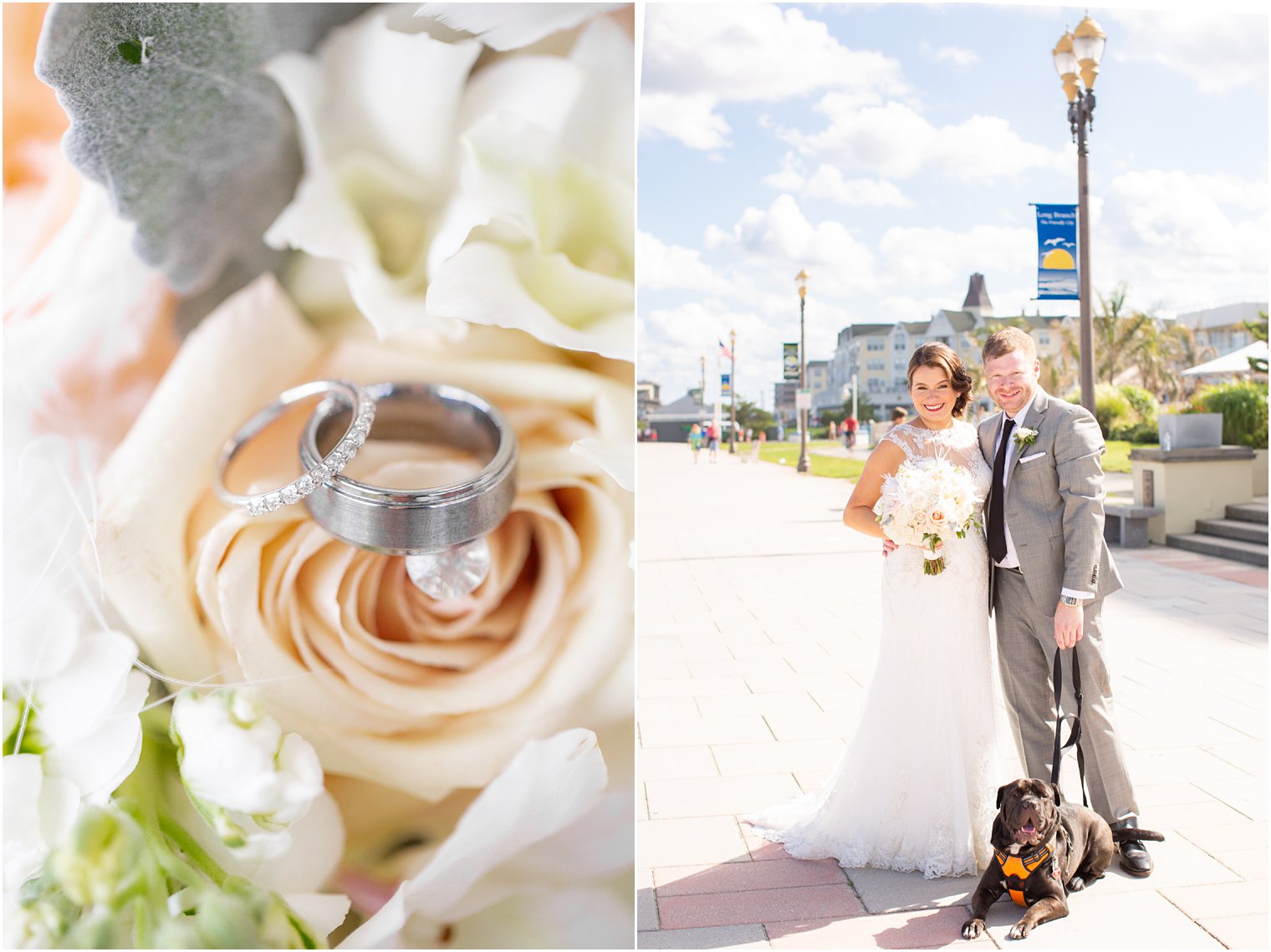 bride and groom portrait with dog