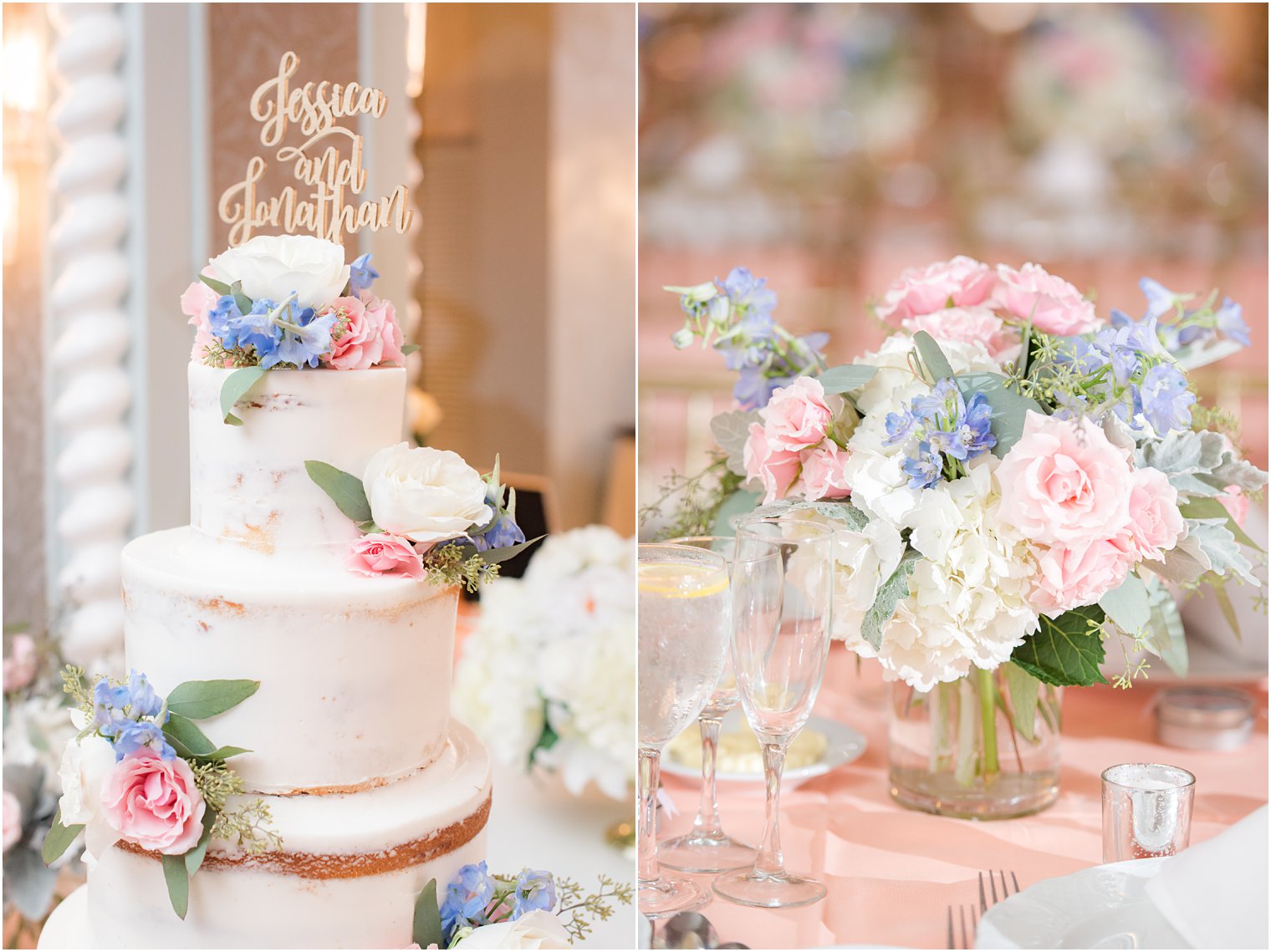 pastel colored reception cake and center pieces at The Bethwood