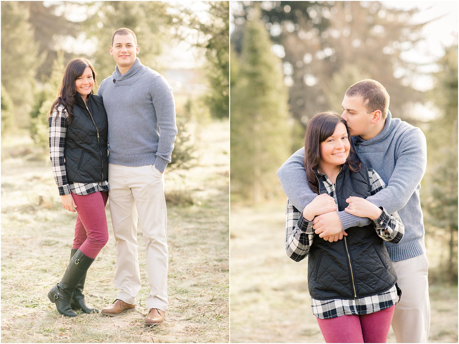 posed photos of couple at Christmas tree farm engagement