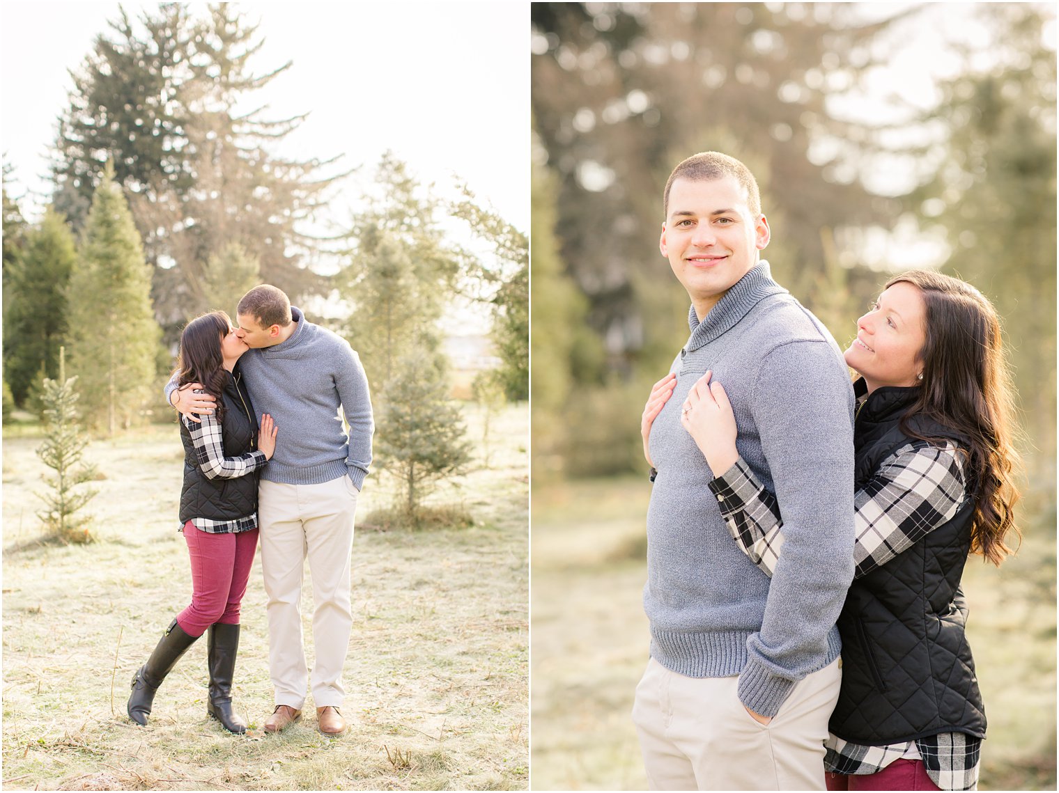 engaged couple at Christmas tree farm engagement