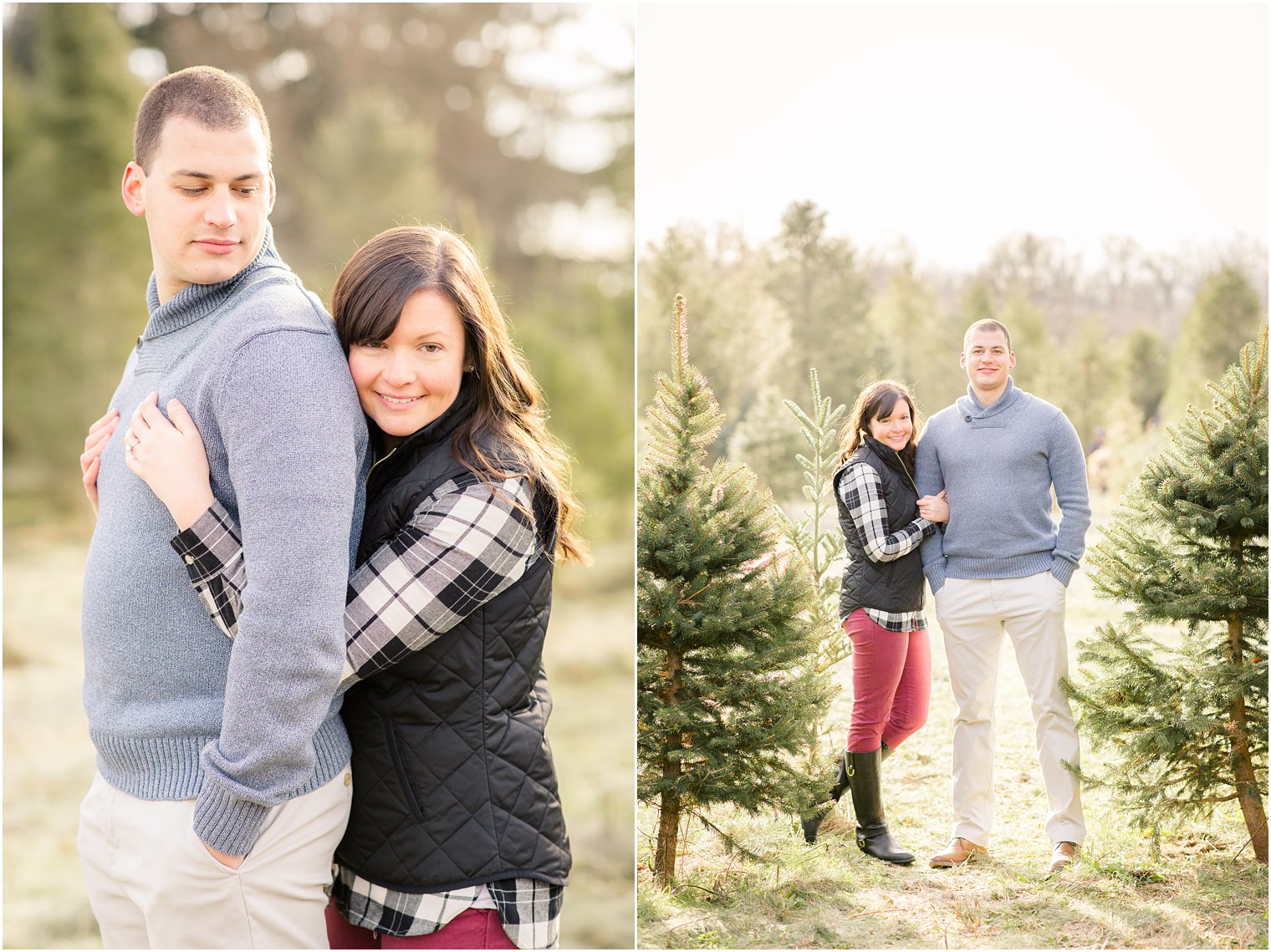 couple on a tree farm for their engagement session 