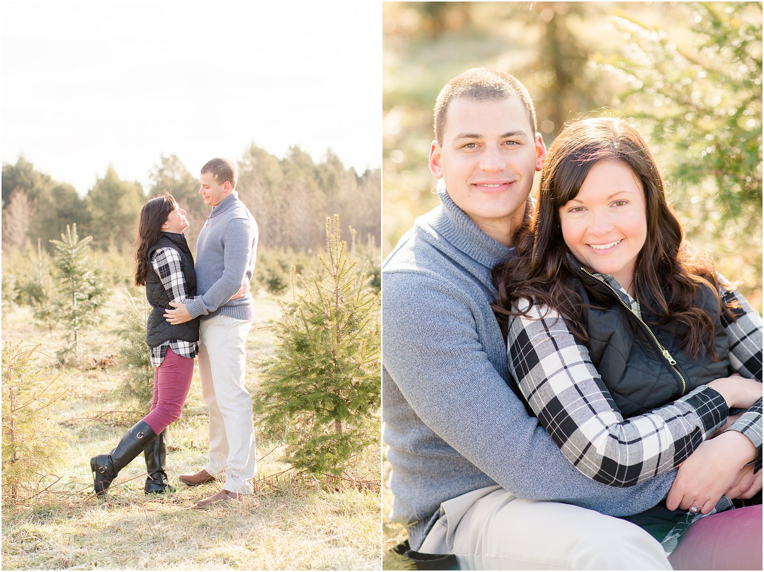 photo of engaged couple during Christmas tree farm engagement