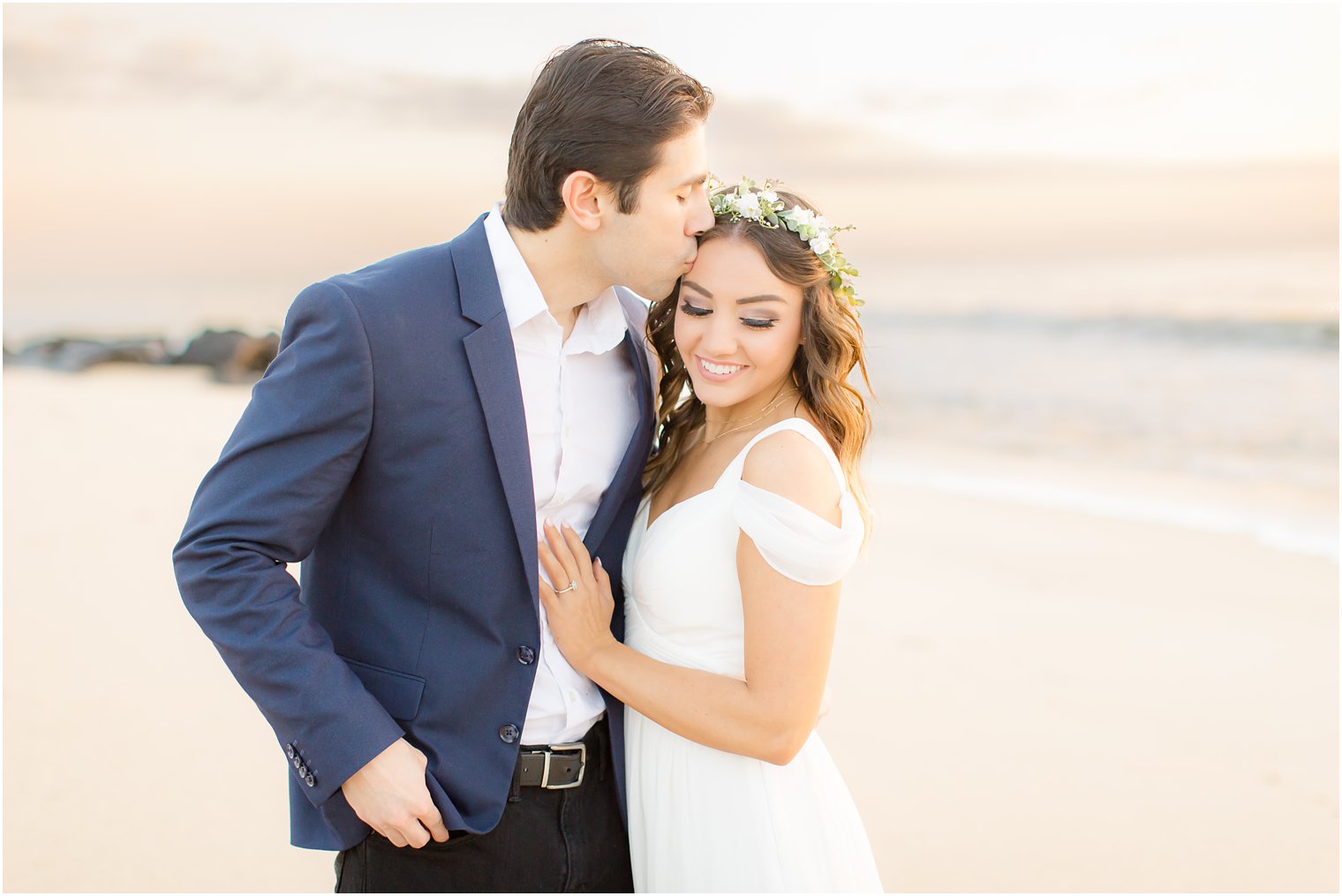 romantic sunrise engagement session with floral crown and beautiful florals
