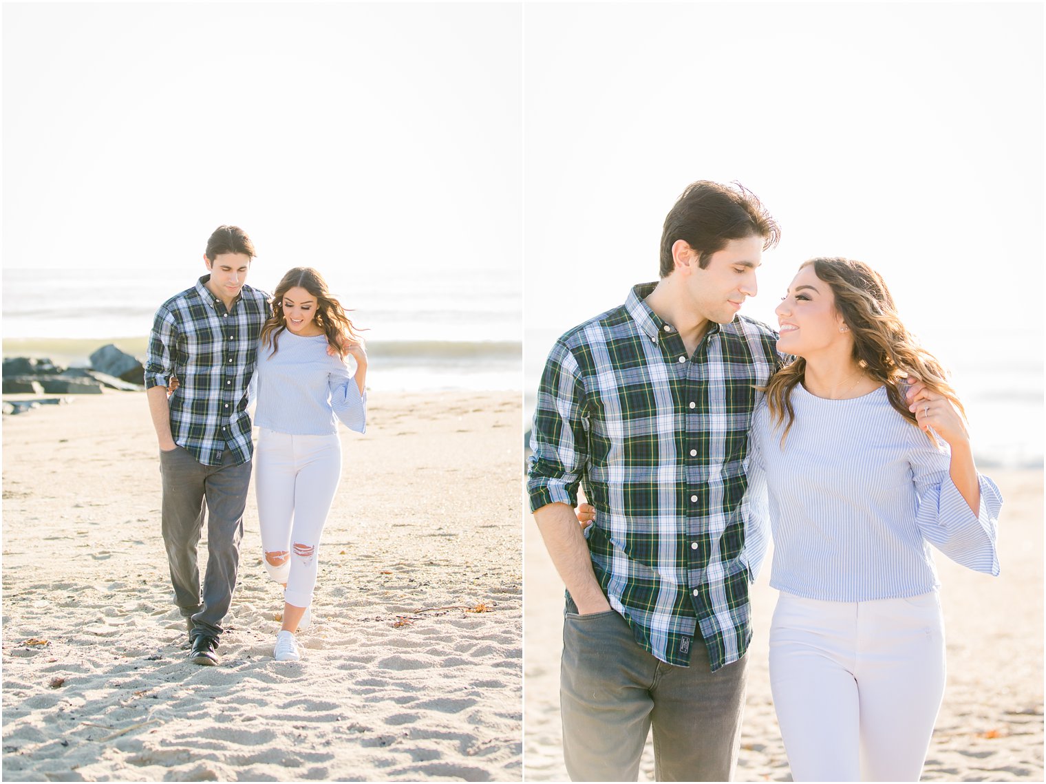 engaged couple walking on the beach in morning light