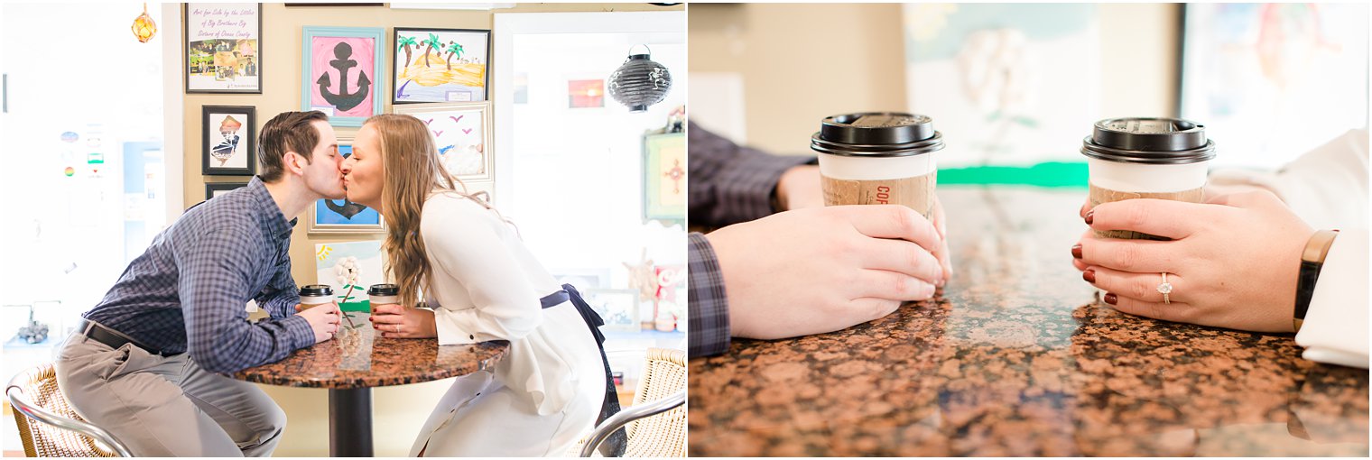 cute photos of engaged couple in a coffee shop 