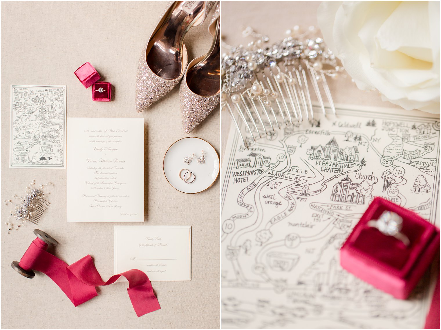Wedding invitation and gold Badgely Mischkas at Pleasantdale Chateau wedding