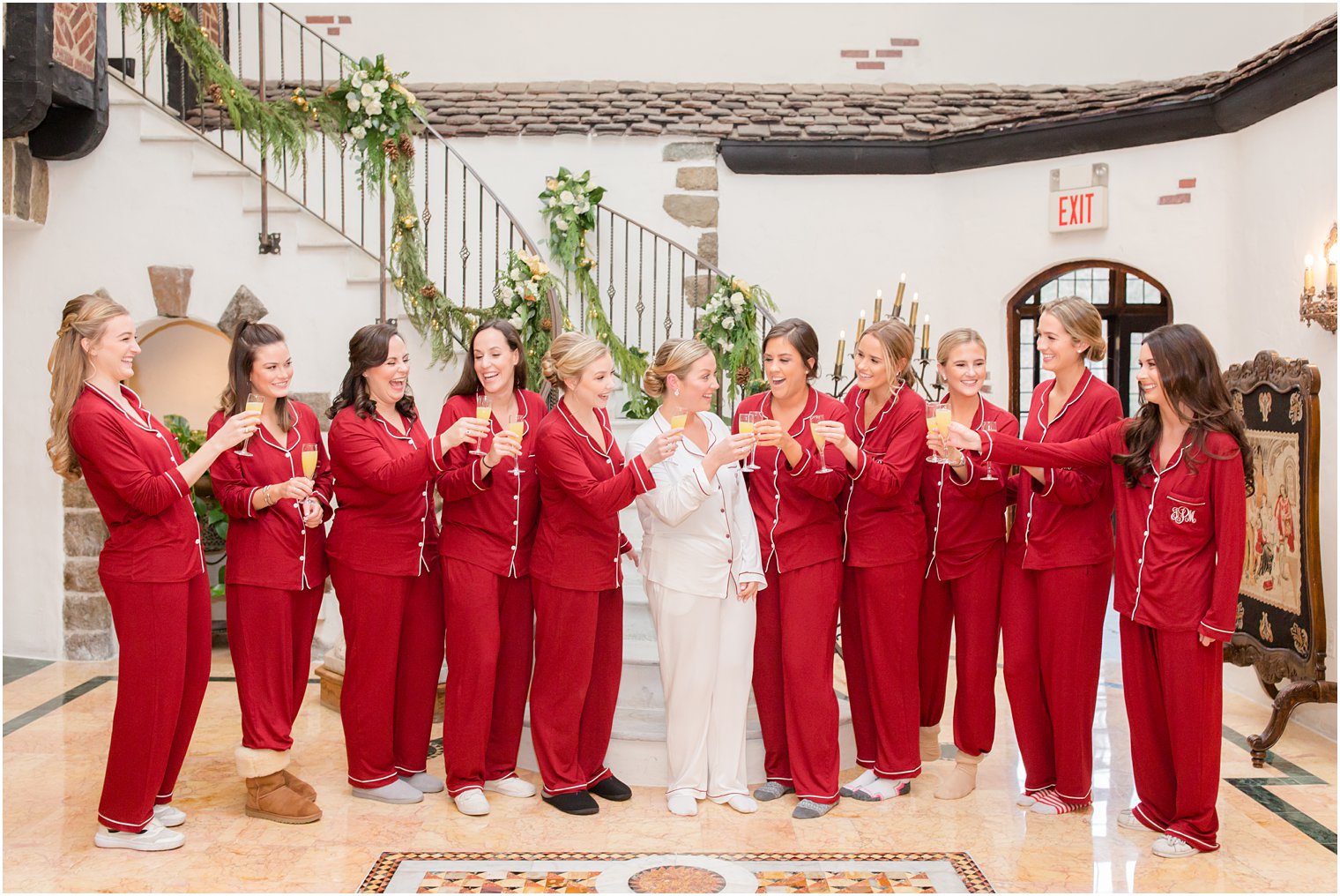 Bridesmaids in red pajamas