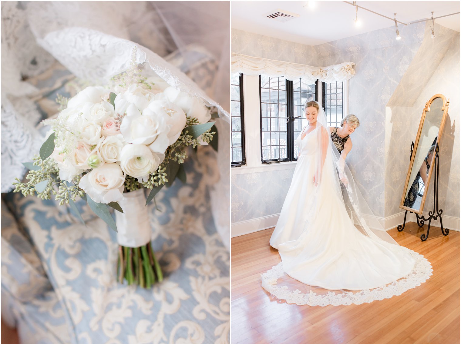 Bride getting dressed in wedding gown 