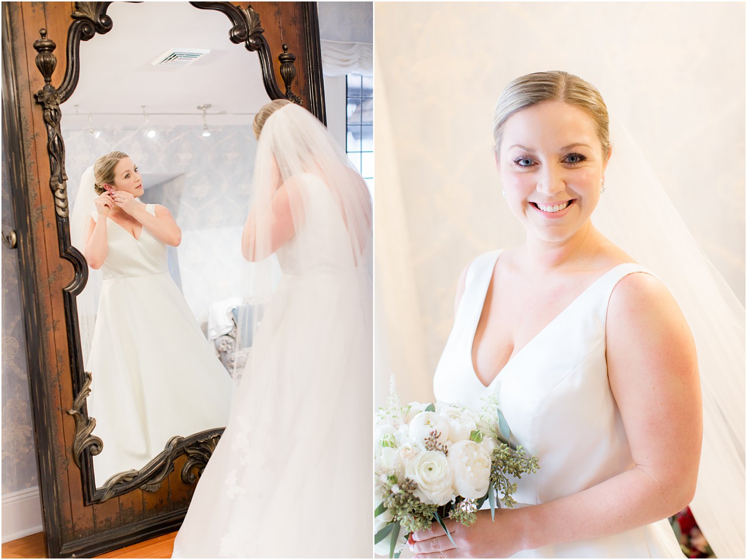 bride getting dressed in Pleasantdale Chateau bridal suite