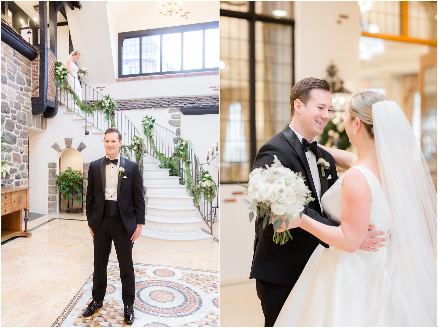 groom's first look with bride at Pleasantdale Chateau