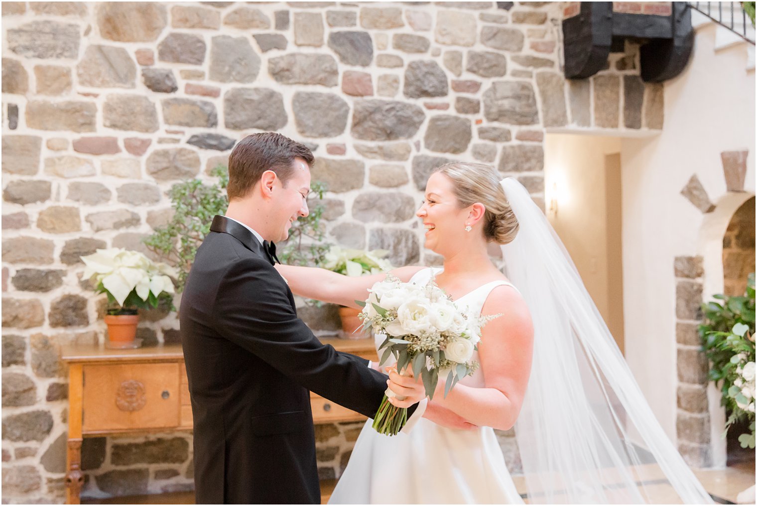 groom's first look with bride at Pleasantdale Chateau