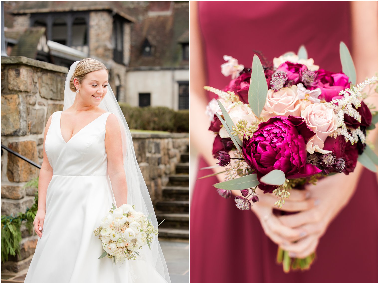 bridesmaids in cranberry dresses