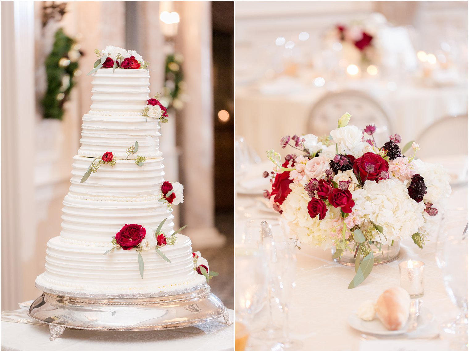 cake and centerpieces for a holiday wedding