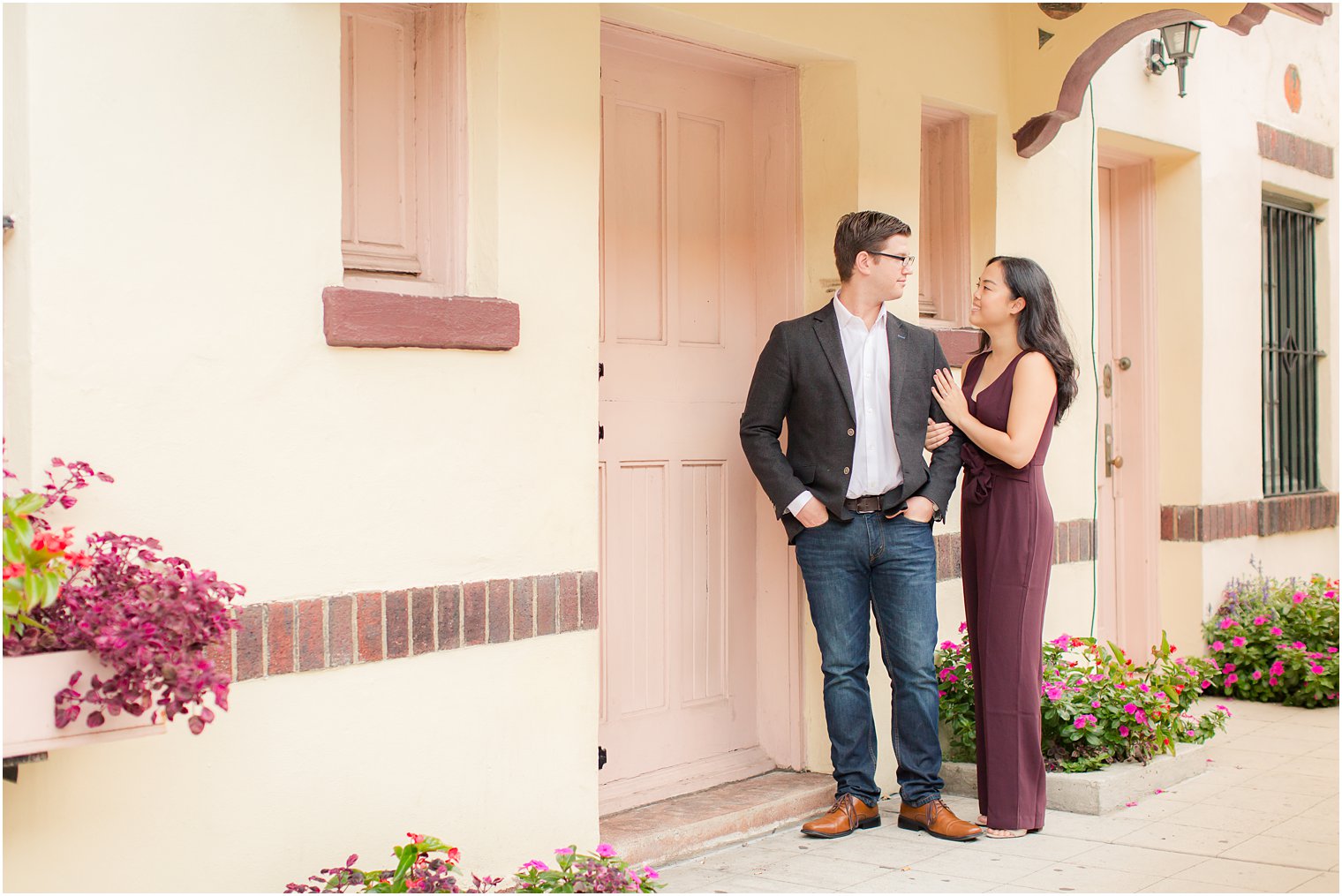 burgundy romper for engagement photos