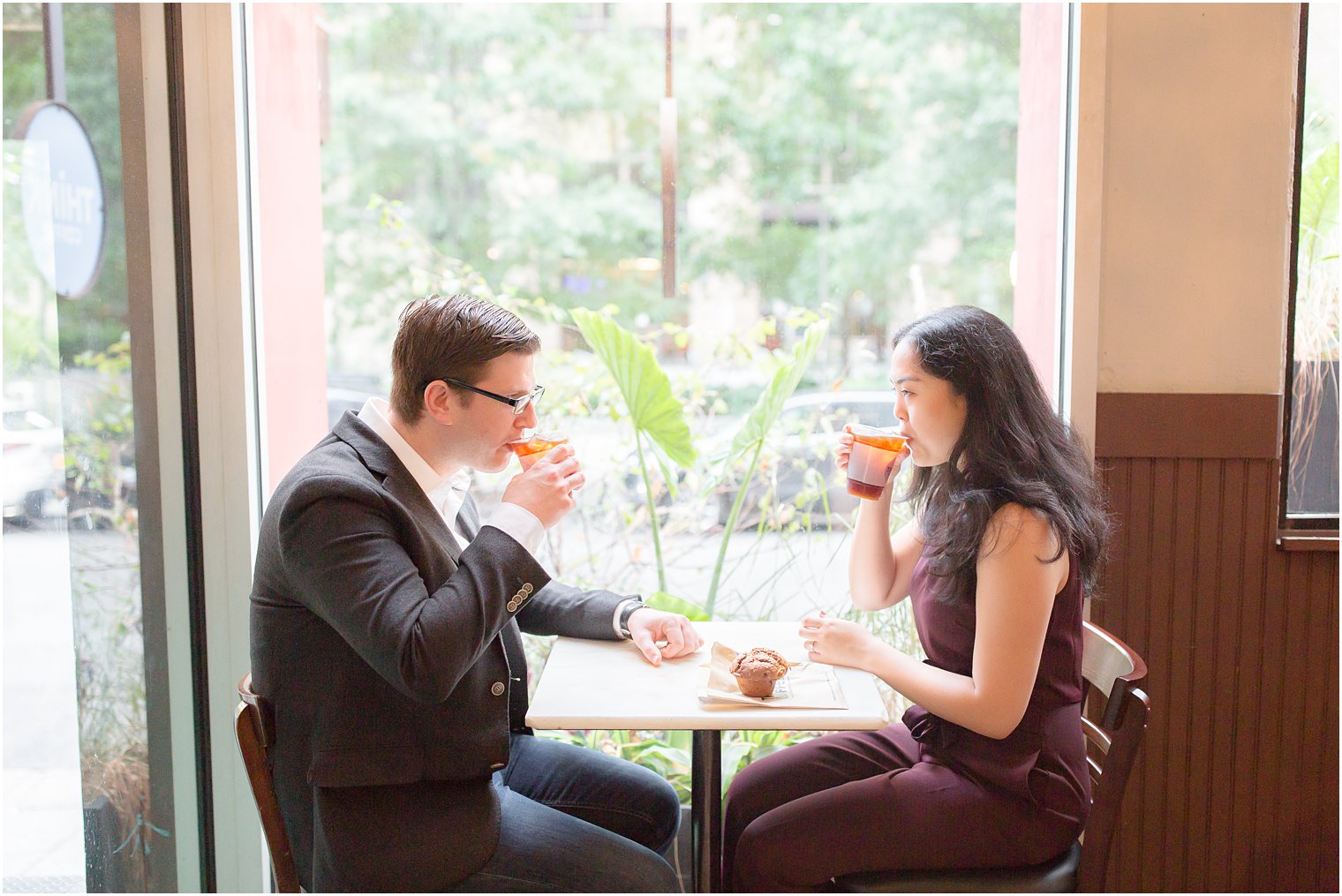 drinking coffee for engagement photos