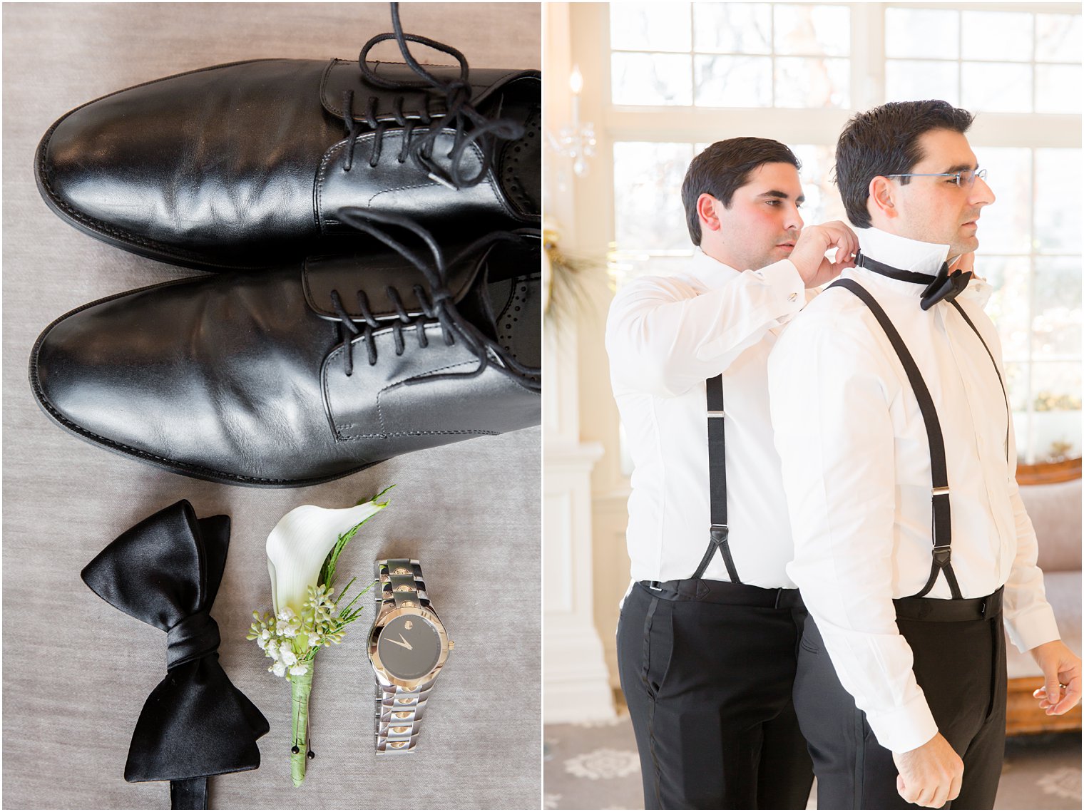 groom and best man getting ready with their shoes and ties