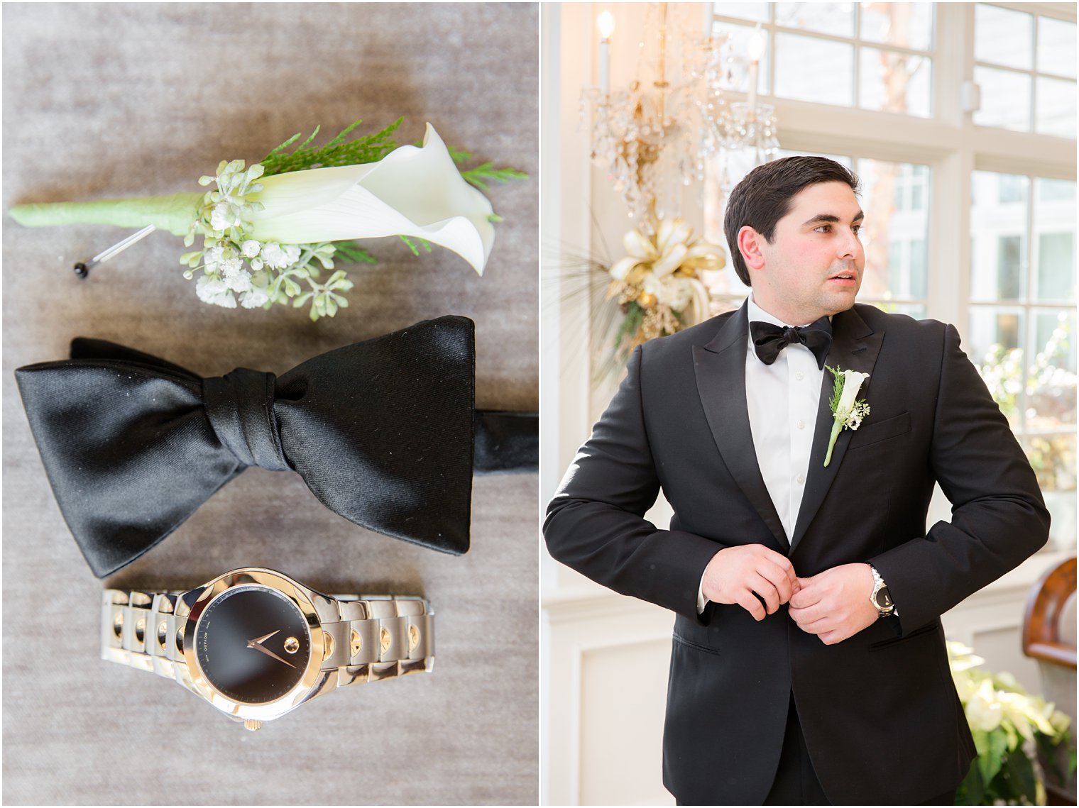 Groom's bow tie, boutonniere, and watch for wedding day