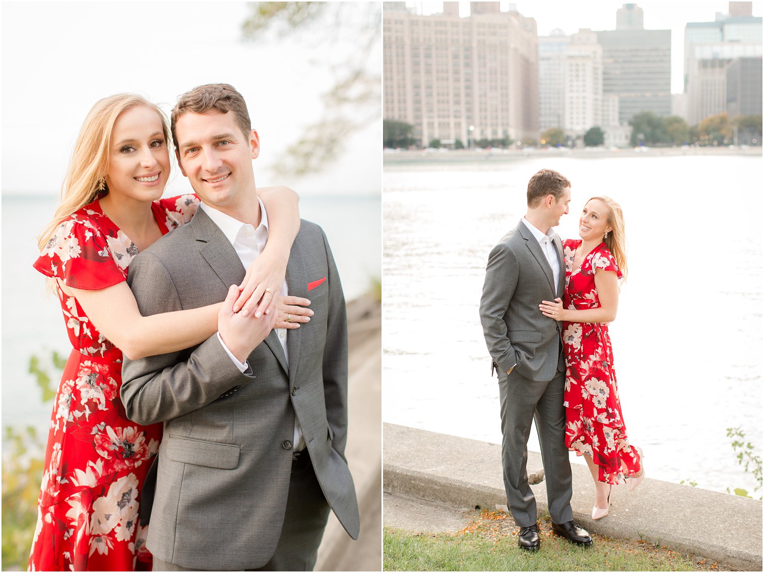 engagement photos at Milton Lee Olive Park featuring the Chicago skyline