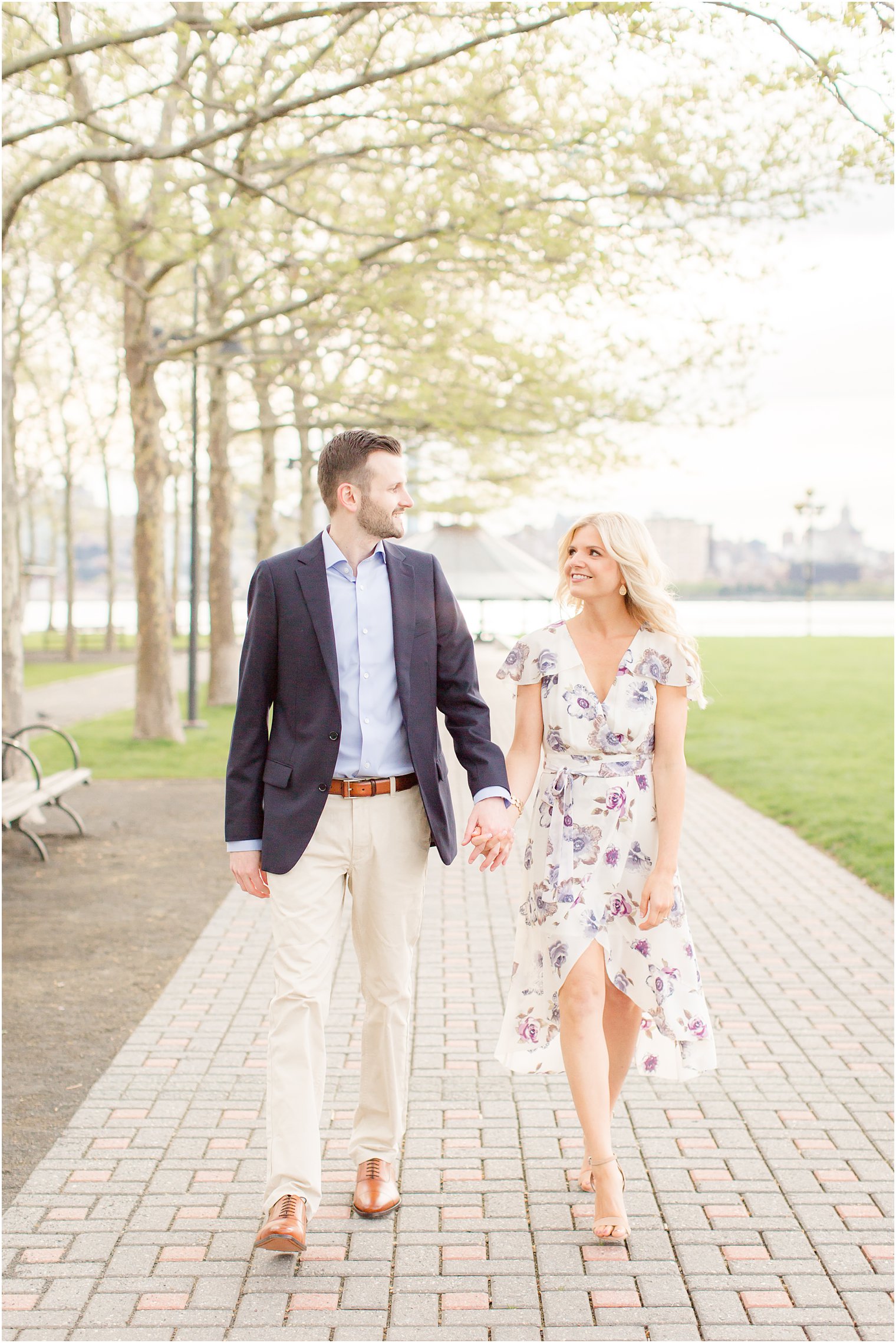 Hoboken Engagement Photography | couple walking at Pier A Park