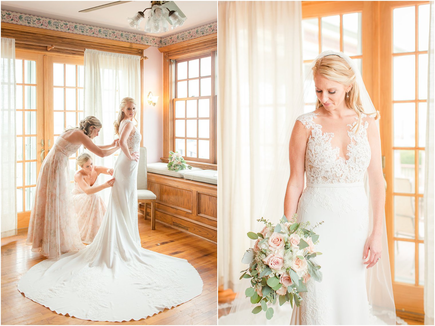 bride getting ready with her bridesmaids in an Airbnb