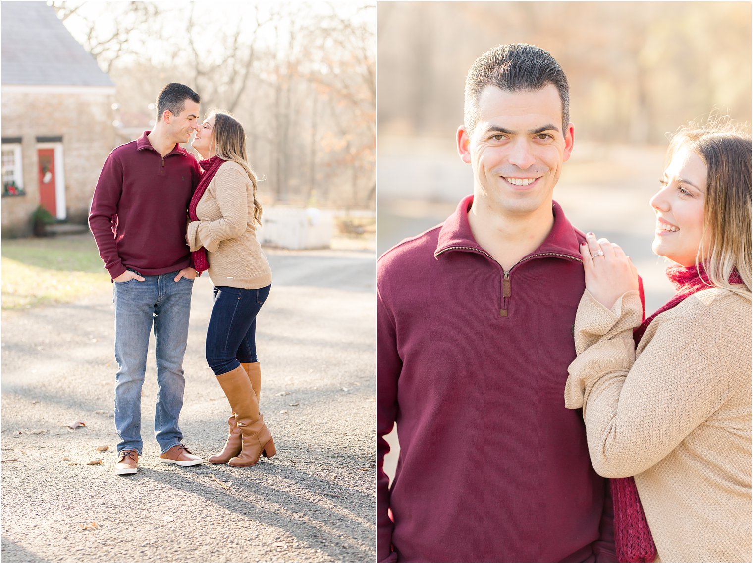 engaged couple wearing tan and burgundy