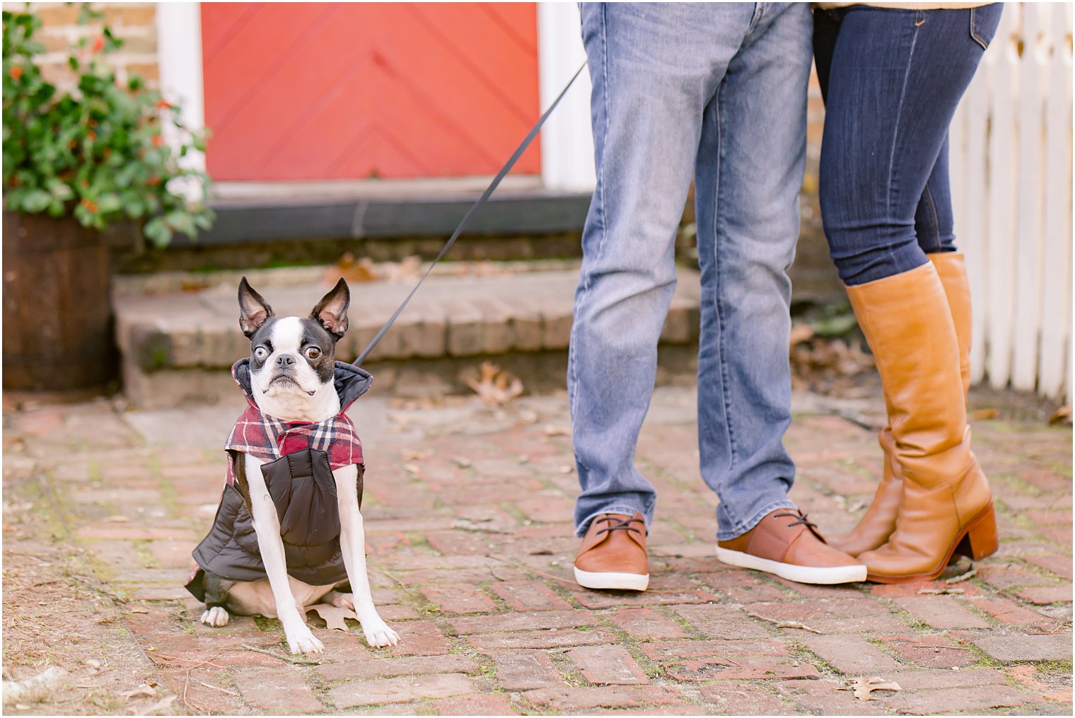 Engagement photo with dog in plaid coat