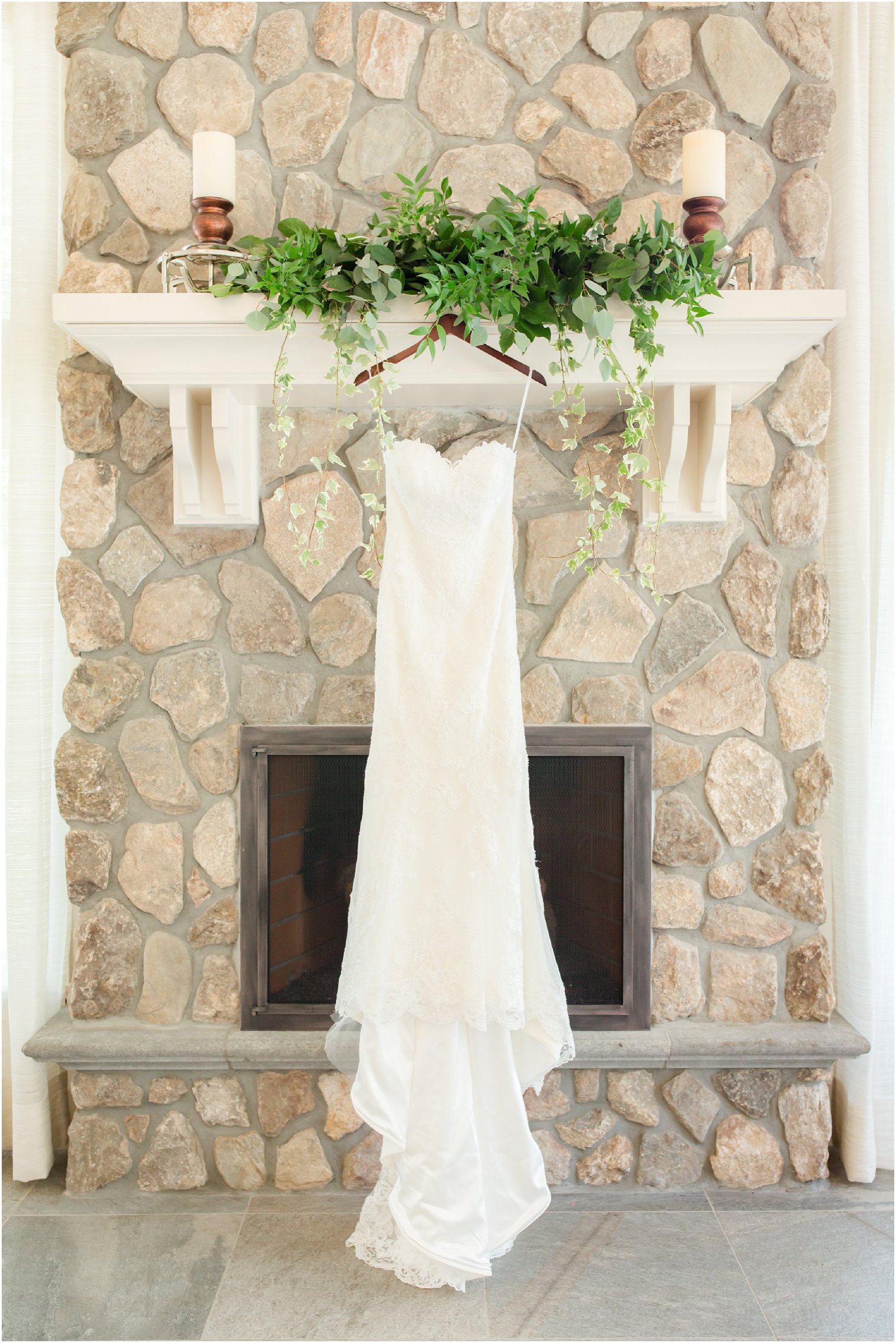 Wedding dress hanging on mantle at Indian Trail Club