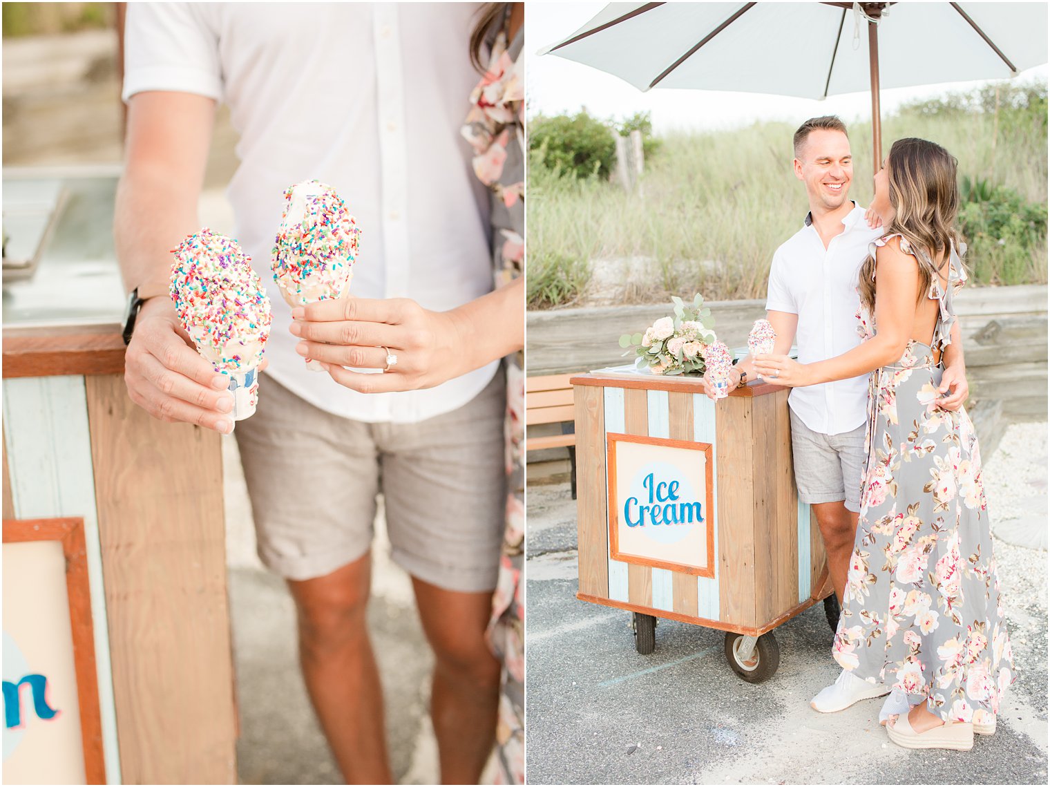 engaged couple eating ice cream from old-fashioned ice cream cart