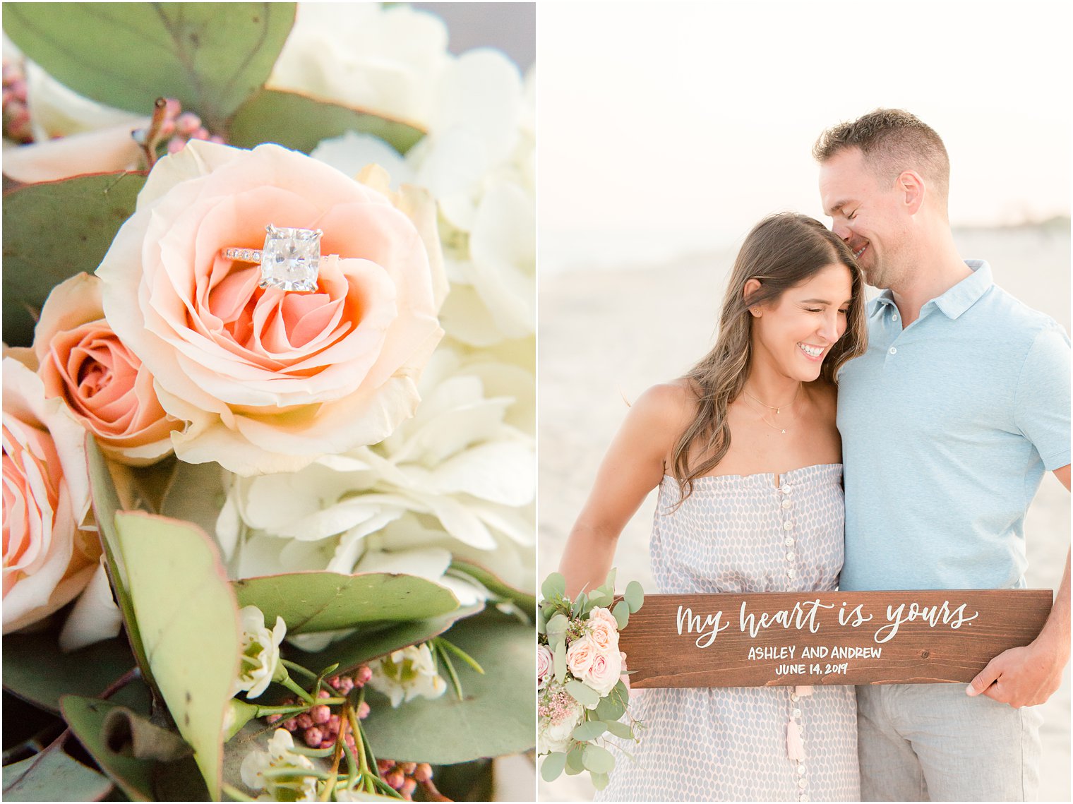 engaged couple with custom wooden sign with calligraphy 