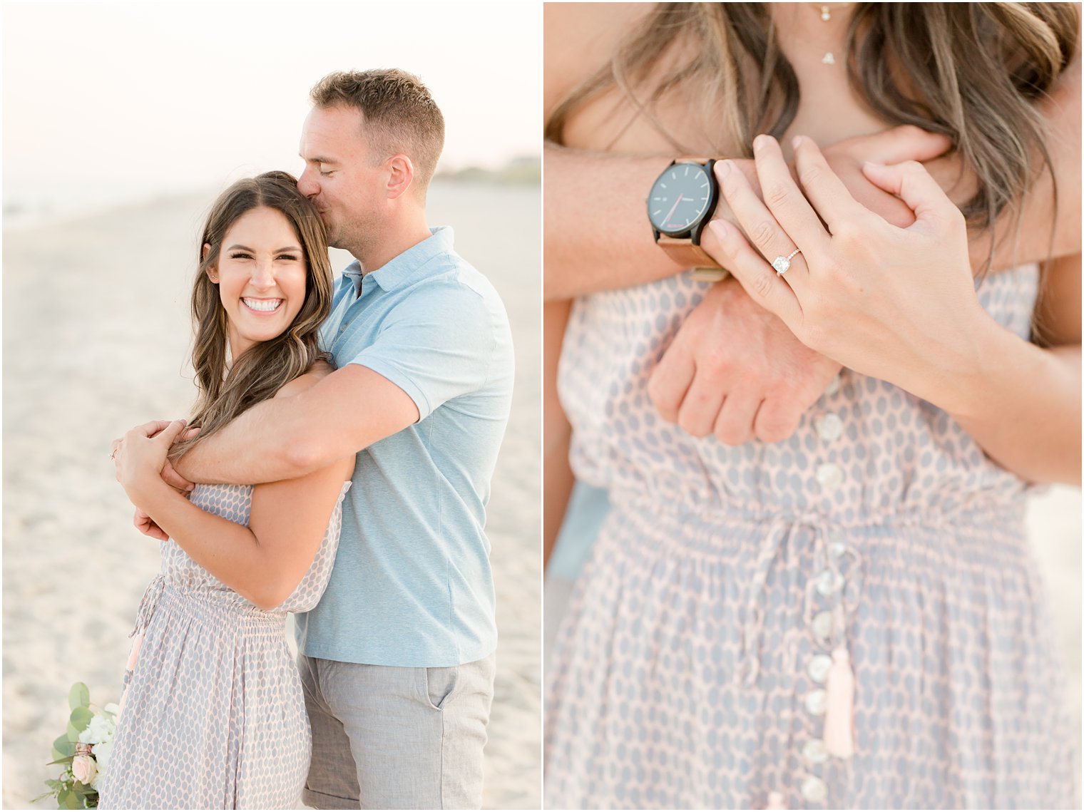 engaged couple holding each other on the beach