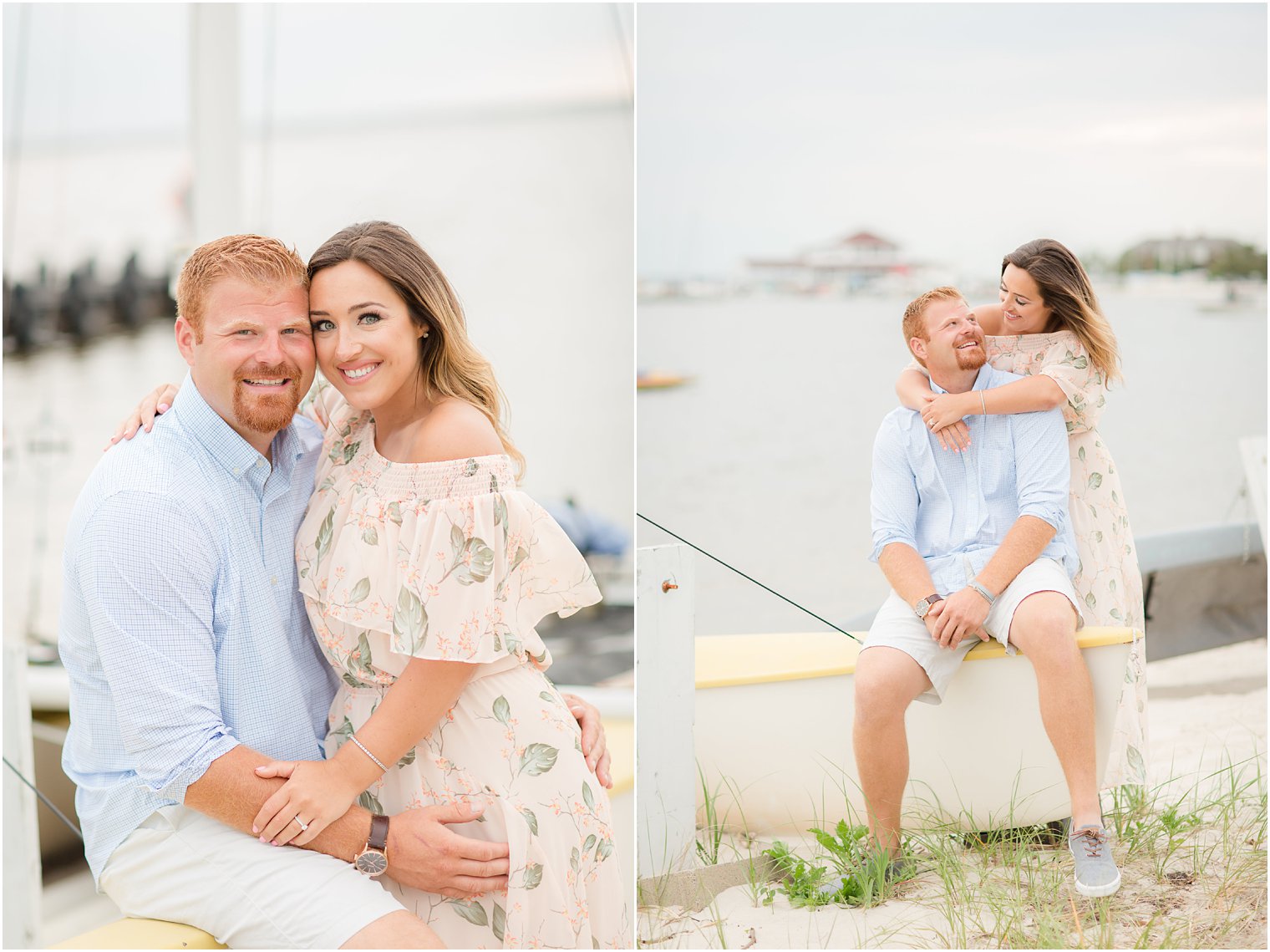 couple posing for engagement session on a boat in Lavallette NJ 