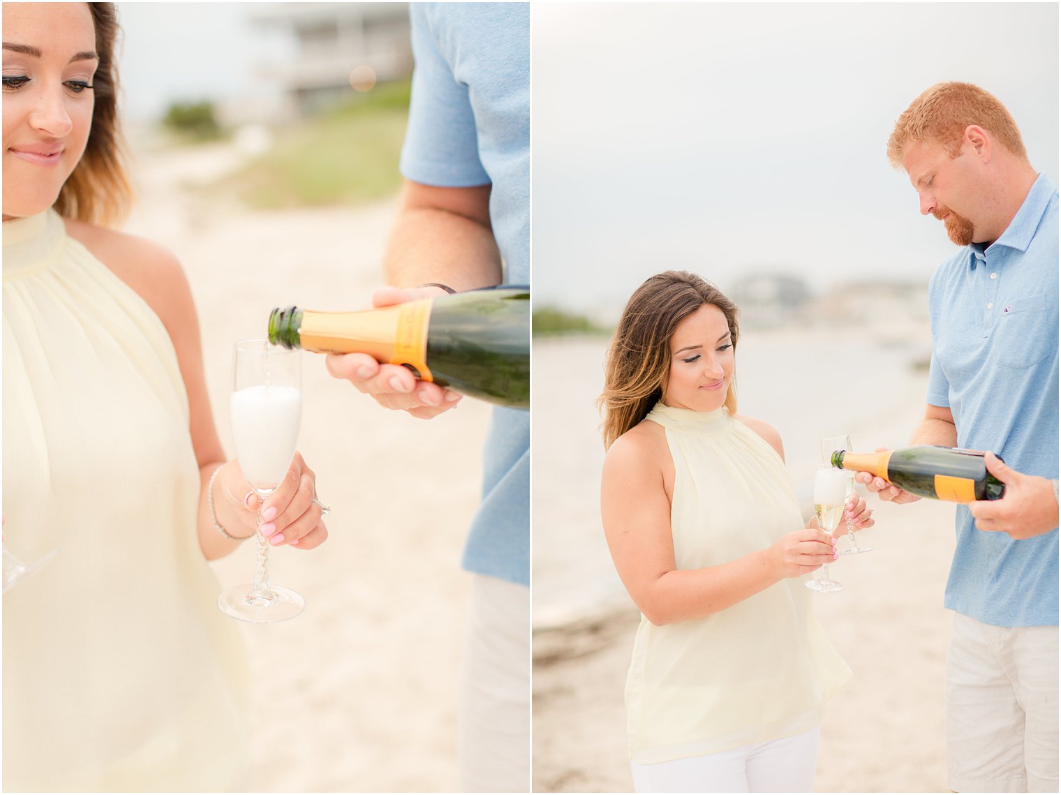 bride and groom serving champagne during engagement session 