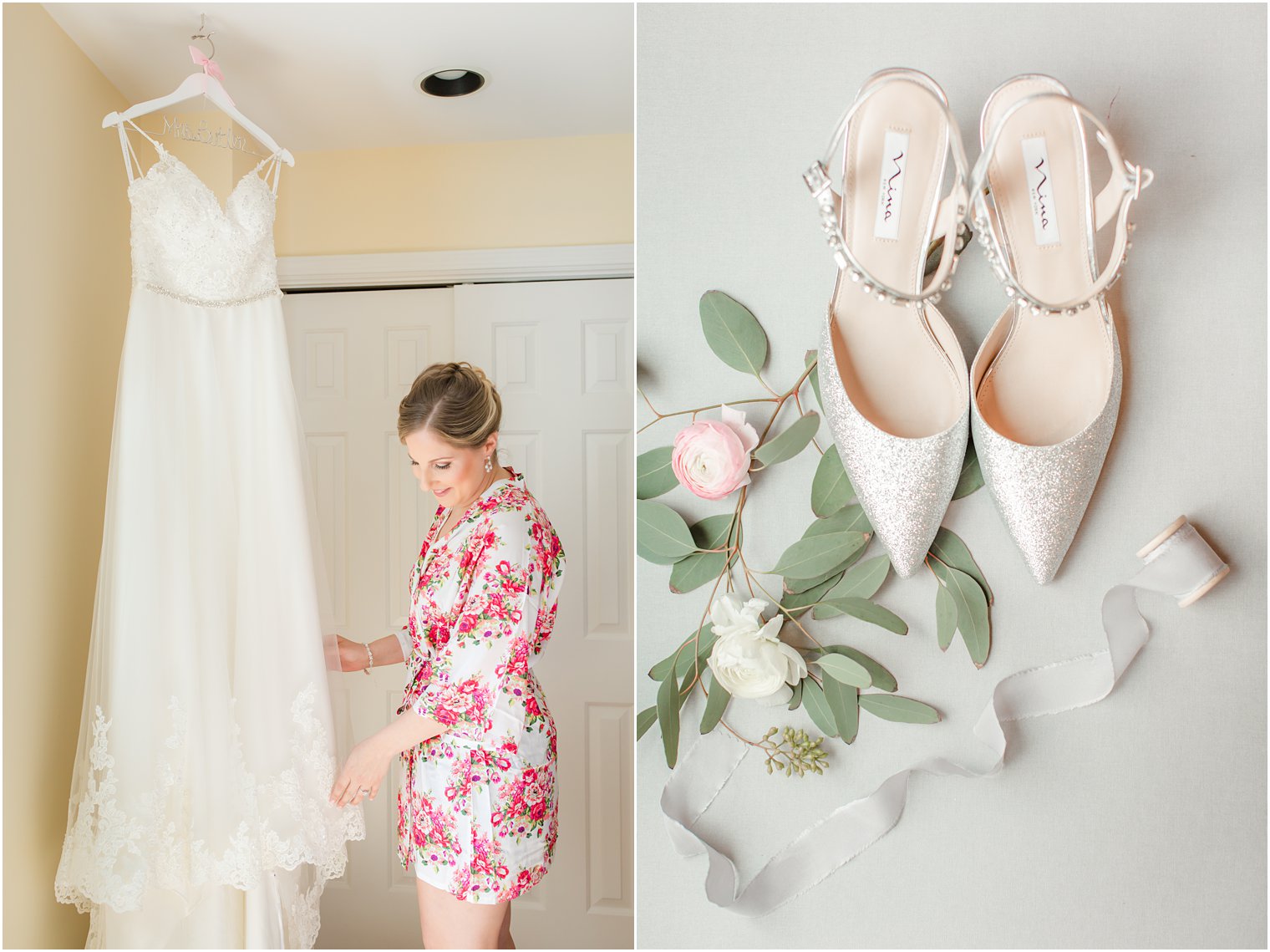 Bride getting ready on wedding morning with wedding dress and Nina bridal shoes