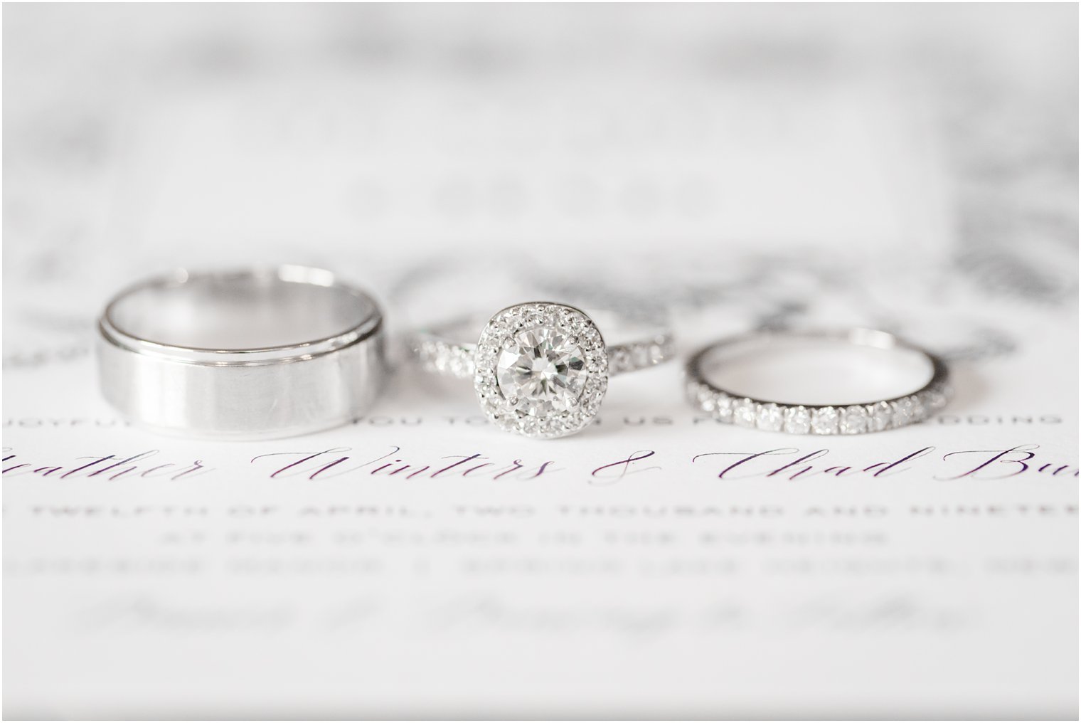 Photo of wedding bands on wedding invitation 