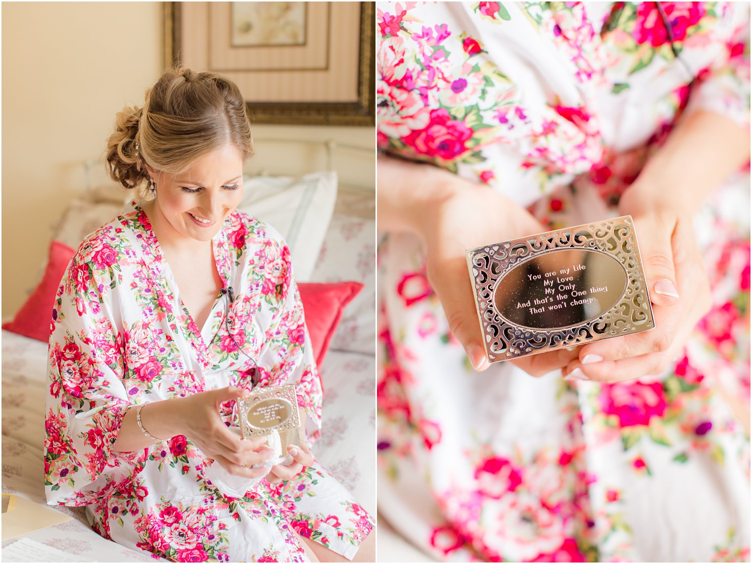 Bride opening her gift from her groom on wedding day 