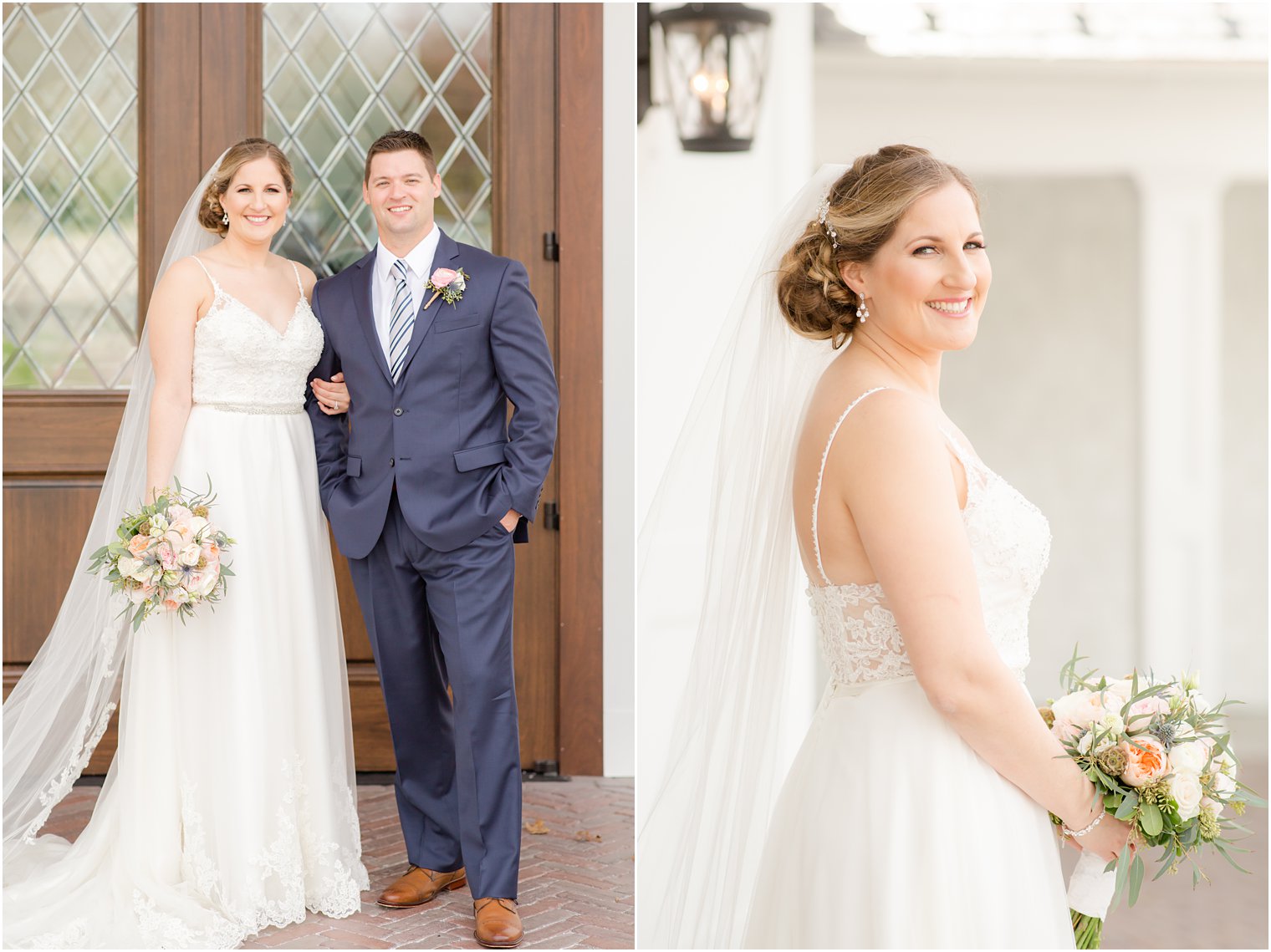 Bride and groom posing for photos in front of The Mill Lakeside Manor