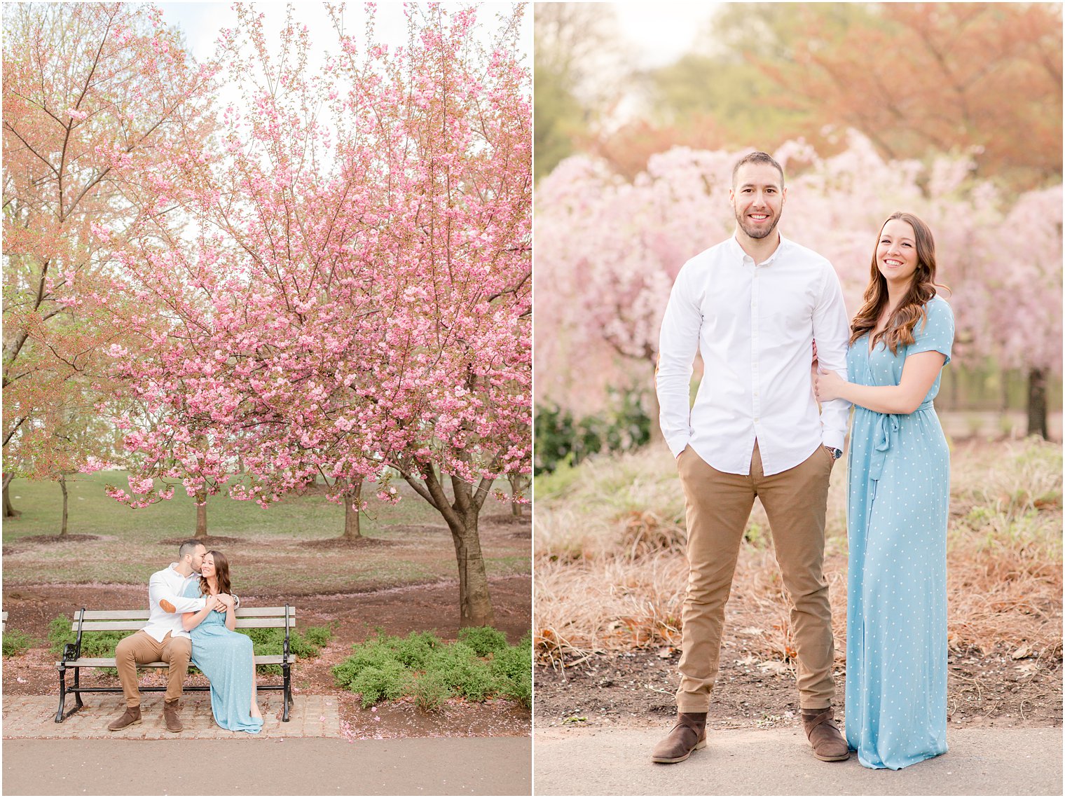 Engaged couple posing for photos among the cherry blossoms