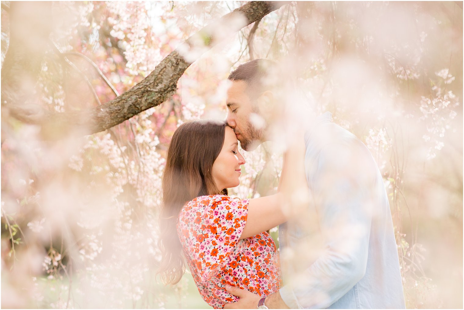 Engaged couple at Branch Brook Park in Newark NJ during cherry blossoms