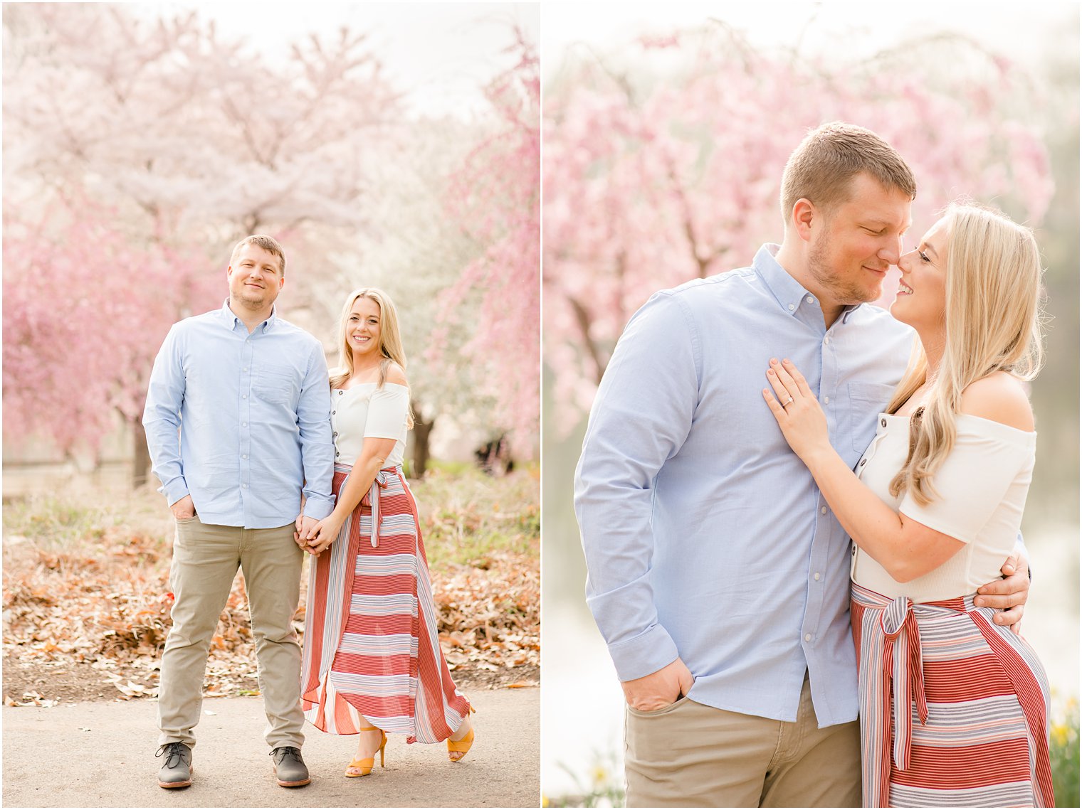 Couple posing for engagement photos | Spring Cherry Blossom Engagement