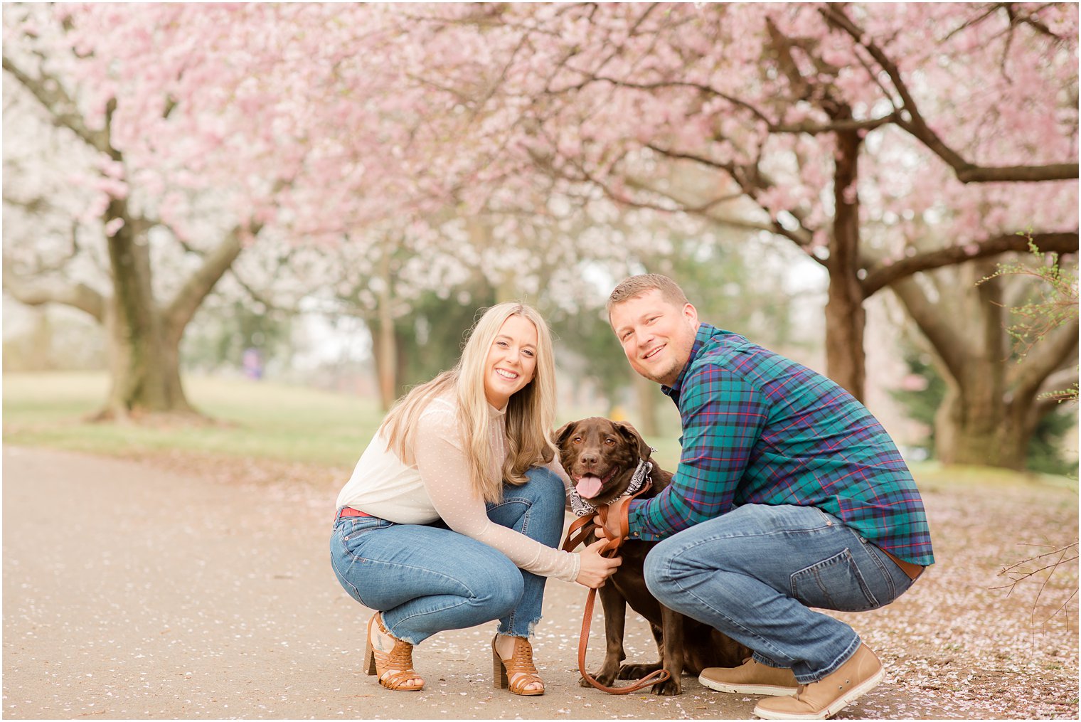 Spring Cherry Blossom Engagement session photos with dog at Branch Brook Park by Idalia Photography