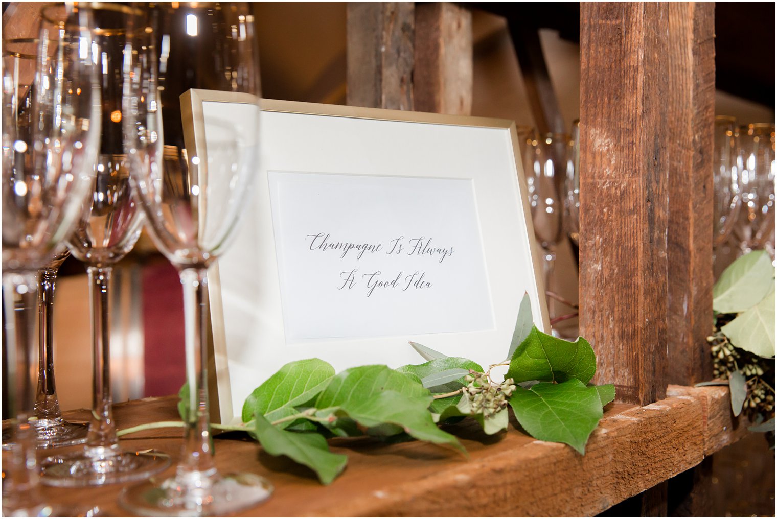 champagne setup in Stone Tower Winery Wedding Photos by Idalia Photography