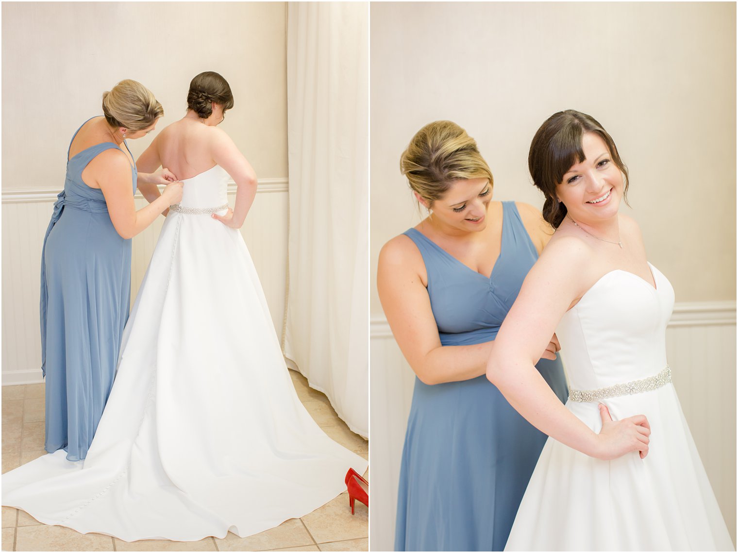 Bridesmaids getting dressed at Windows on the Water at Frogbridge in Millstone NJ