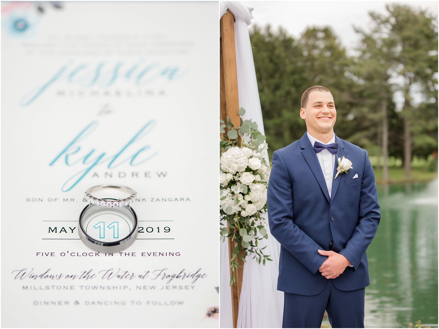 Groom seeing his bride for the first time at Windows on the Water at Frogbridge in Millstone NJ